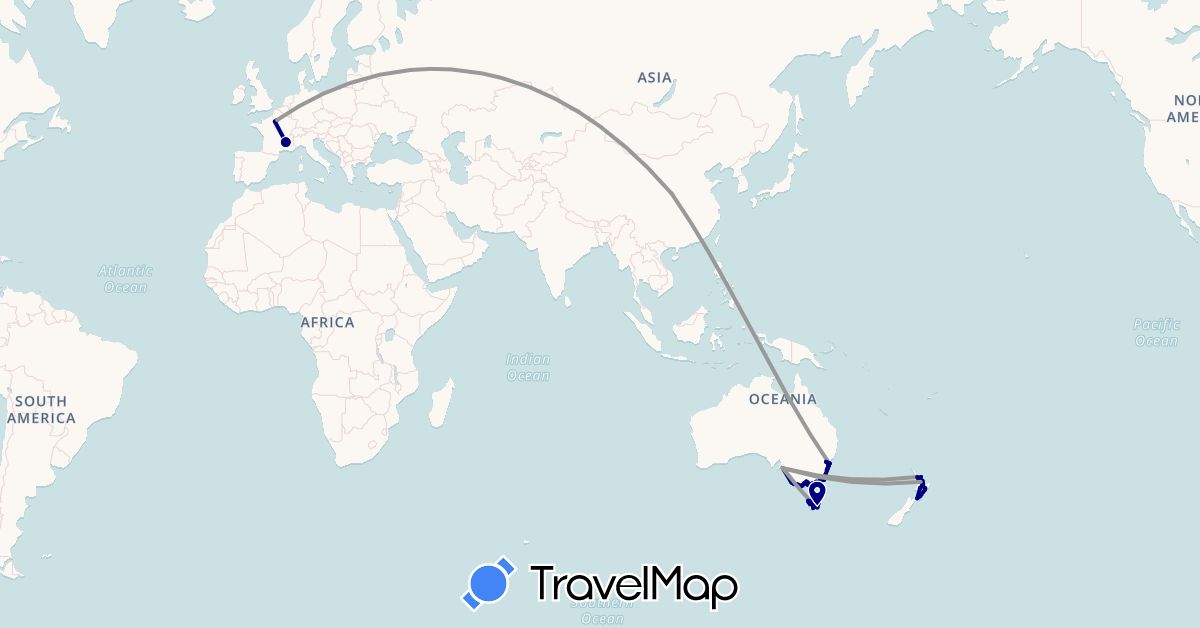 TravelMap itinerary: driving, plane in Australia, China, France, New Zealand (Asia, Europe, Oceania)